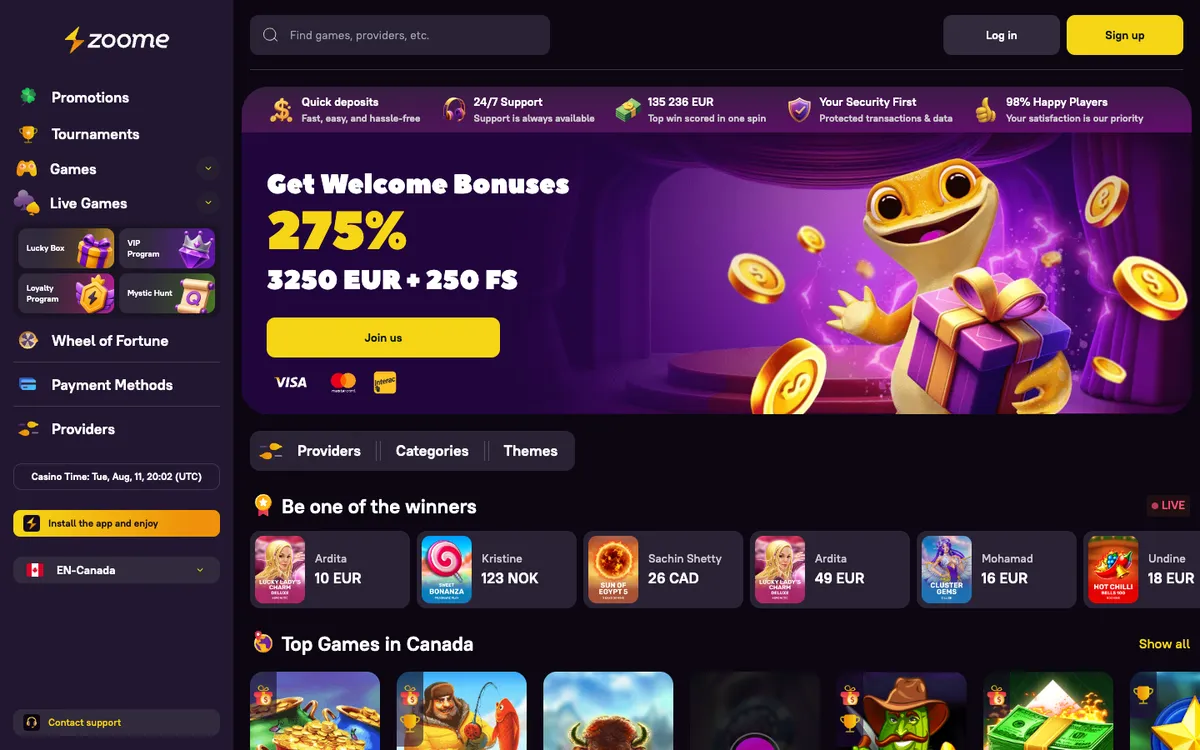 Zoome Casino — «Главная», снято из страны Южно-Африканская Республика