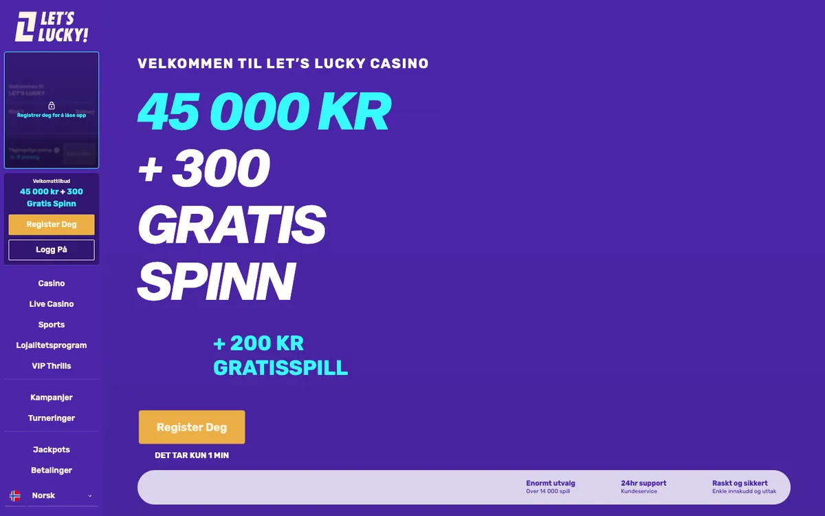 LetsLucky Casino — «Главная», снято из страны Норвегия