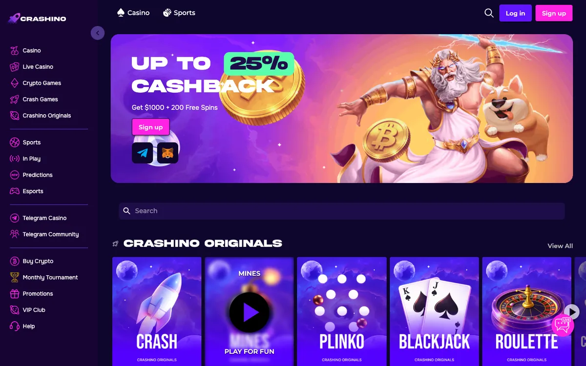 Crashino Casino — Home page, captured from Belgium