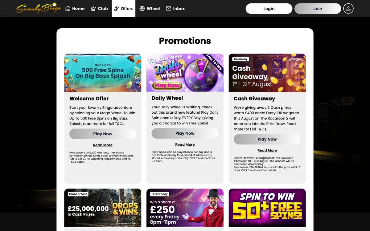 Swanky Bingo Casino — Promotions, captured from United Kingdom
