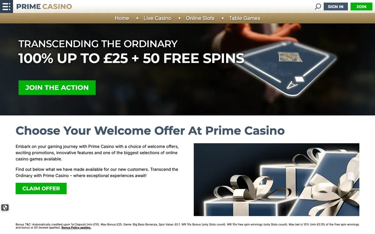 Prime Casino — Promotions, captured from United Kingdom