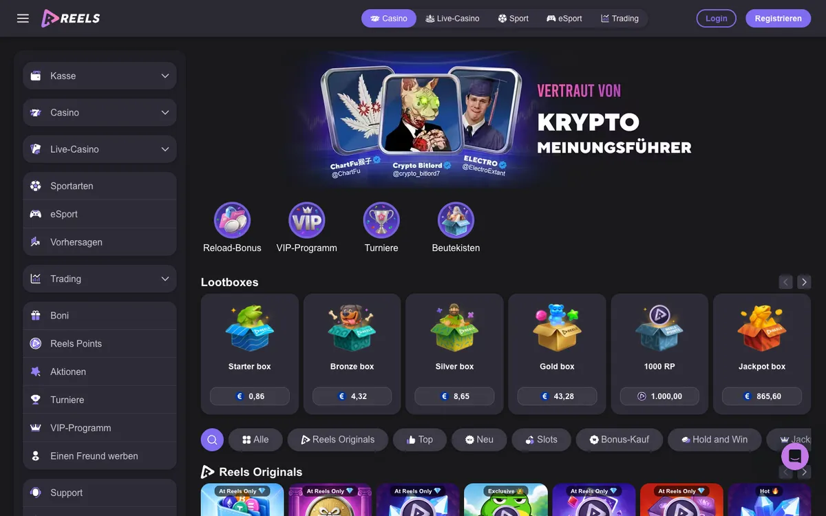 Reels Casino — Home page, captured from Austria