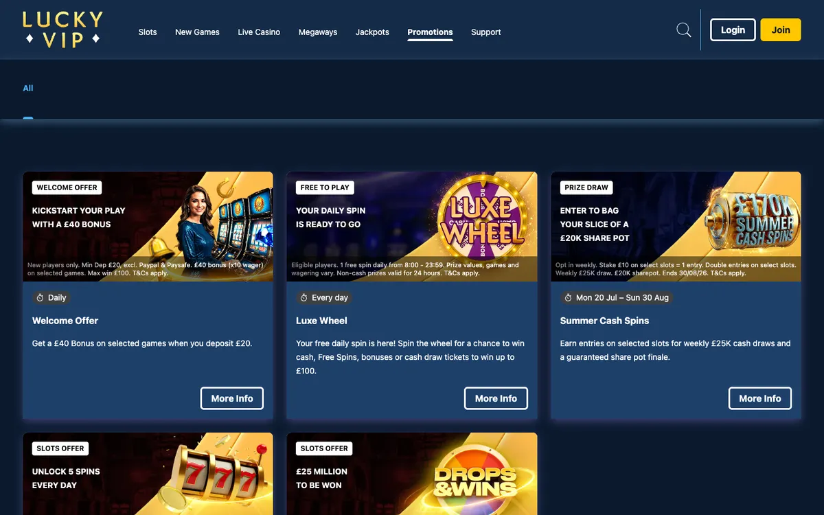 Lucky VIP Casino — «Акции», снято из страны Великобритания