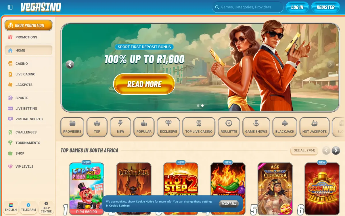 Vegasino Casino — Home page, captured from South Africa