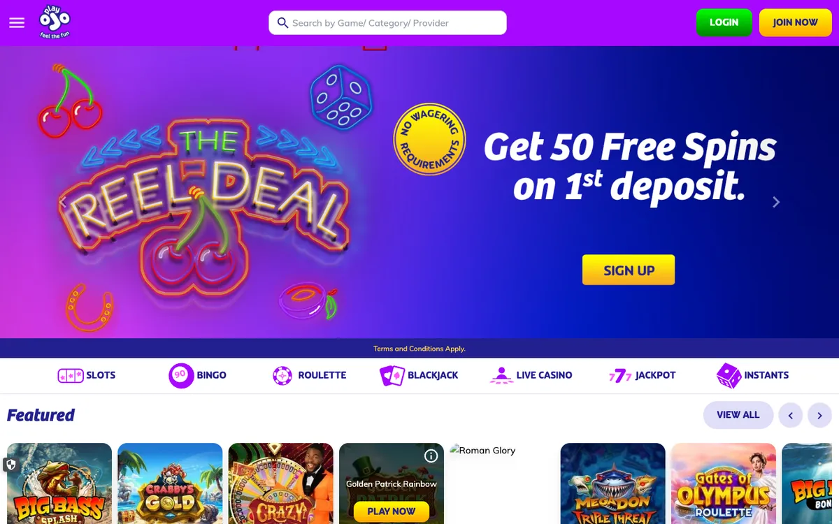 PlayOJO Casino — «Главная», снято из страны Бельгия