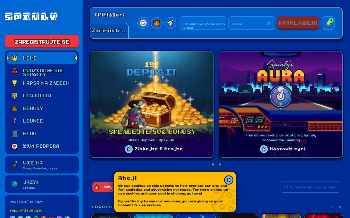 Spinly Casino — Home page, captured from Czechia