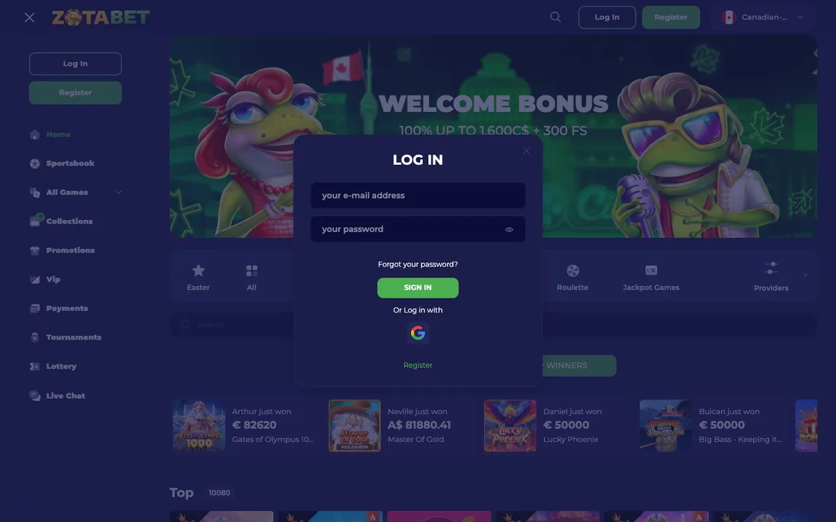 Zotabet Casino — Sign-up, captured from Canada