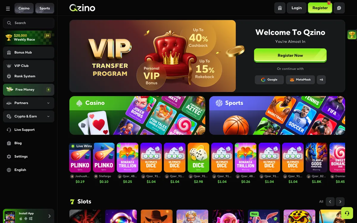 Qzino Casino — «Главная», снято из страны Индонезия