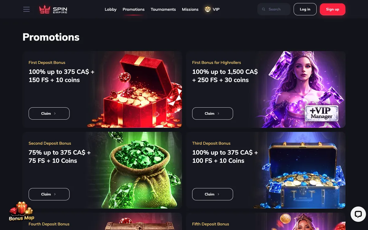 Spin Empire Casino — Promotions, captured from Canada