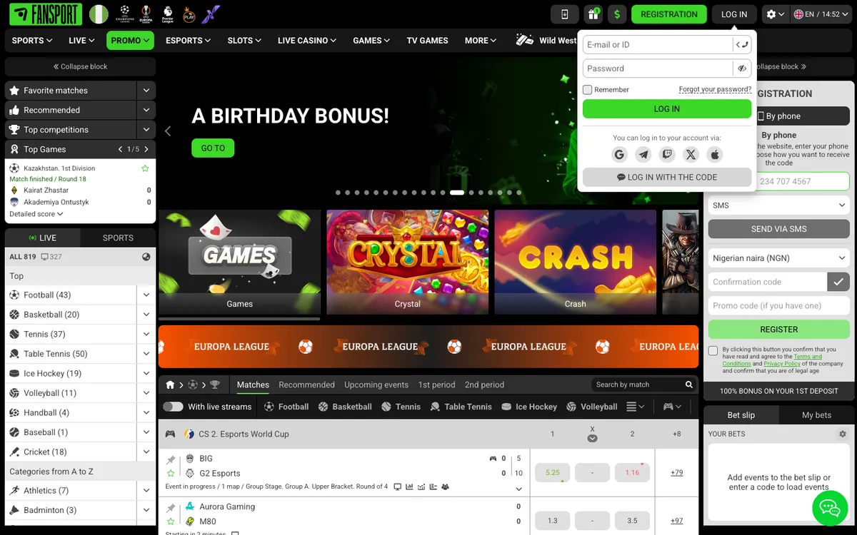 Fansport Casino — Sign-up, captured from Nigeria