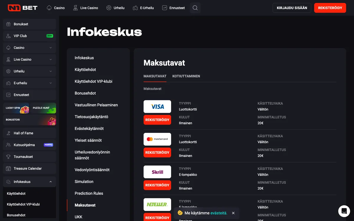 N1Bet Casino — Payments, captured from Finland