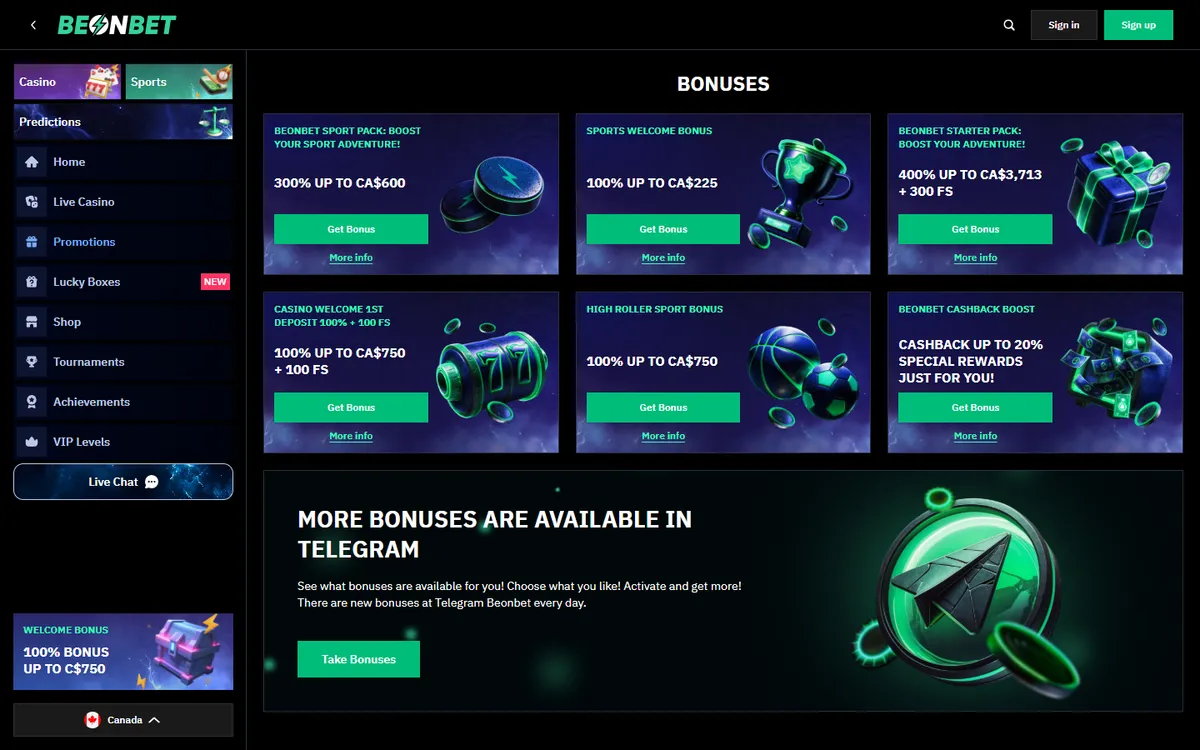 BeonBet Casino — Promotions, captured from Canada