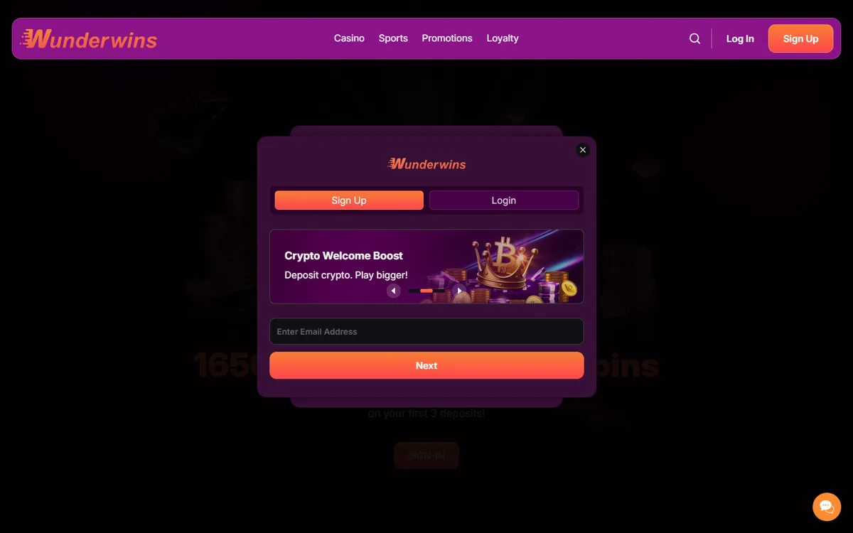 Wunderwins Casino — «Регистрация», снято из страны Канада