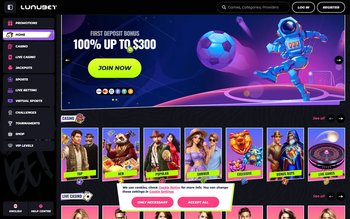 LunuBet Casino — Home page, captured from Canada