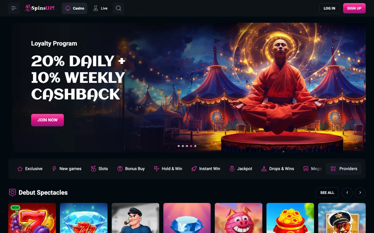 SpinsUP Casino — Home page, captured from Canada