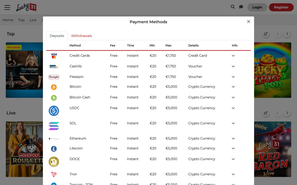 Lucky 31 Casino — Payments, captured from United Kingdom