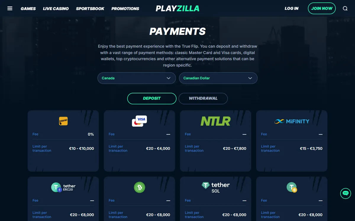PlayZilla Casino — Payments, captured from Canada