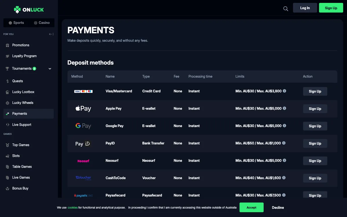 OnLuck Casino — Payments, captured from Australia