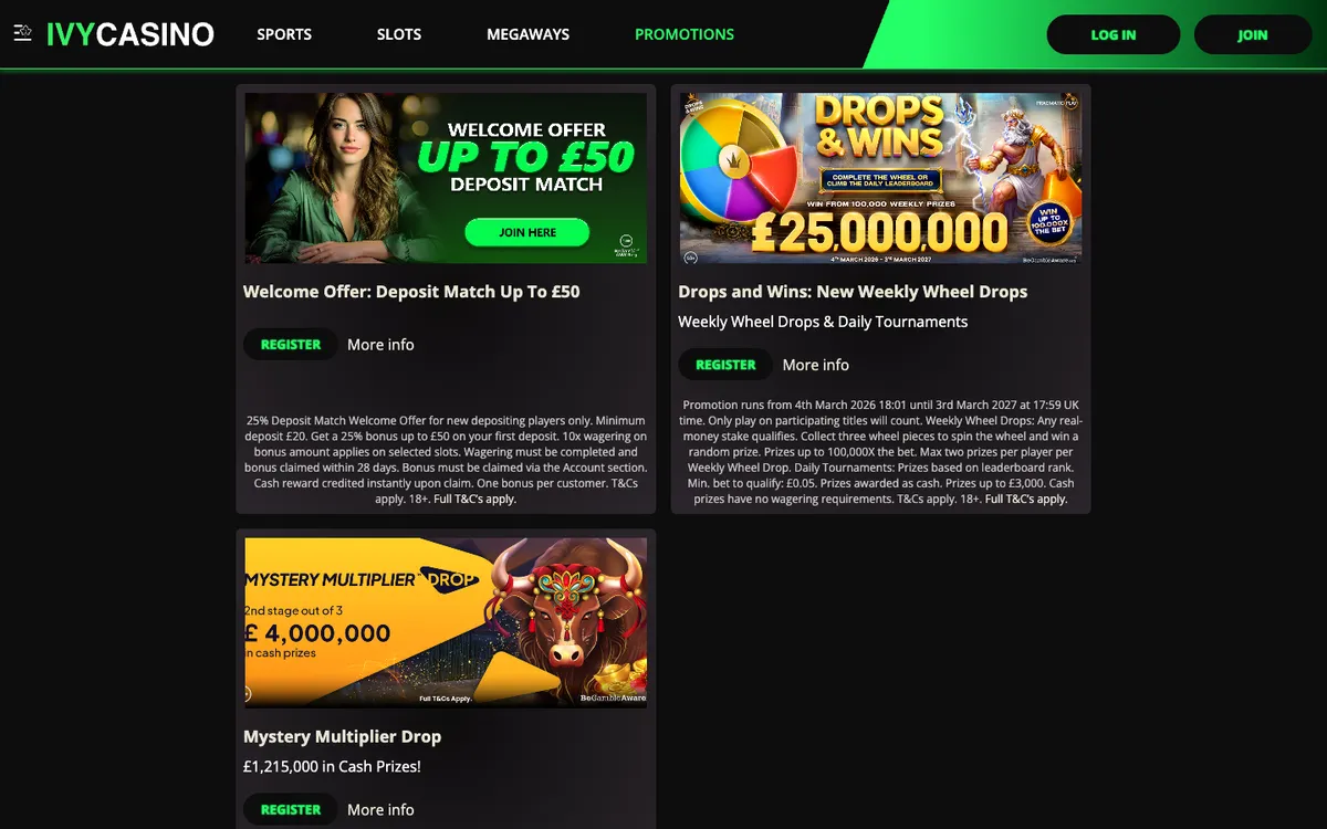 Ivy Casino — Promotions, captured from United Kingdom