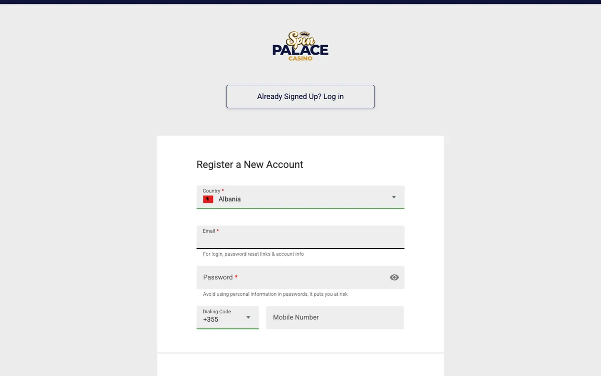Spin Palace Casino — Sign-up, captured from South Korea