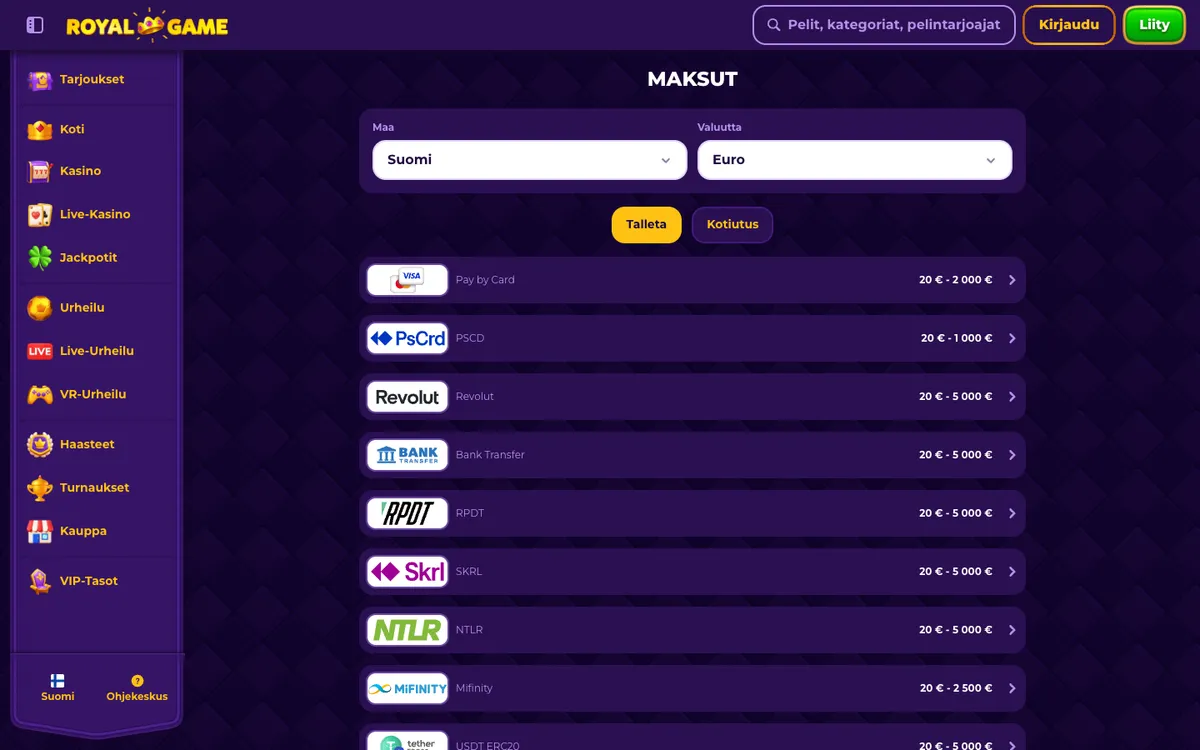 RoyalGame Casino — Payments, captured from Finland