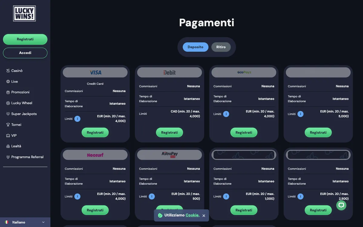 LuckyWins Casino — Payments, captured from Italy