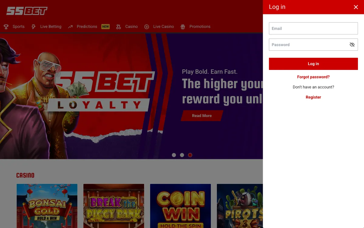 55BET Casino — Sign-up, captured from Austria
