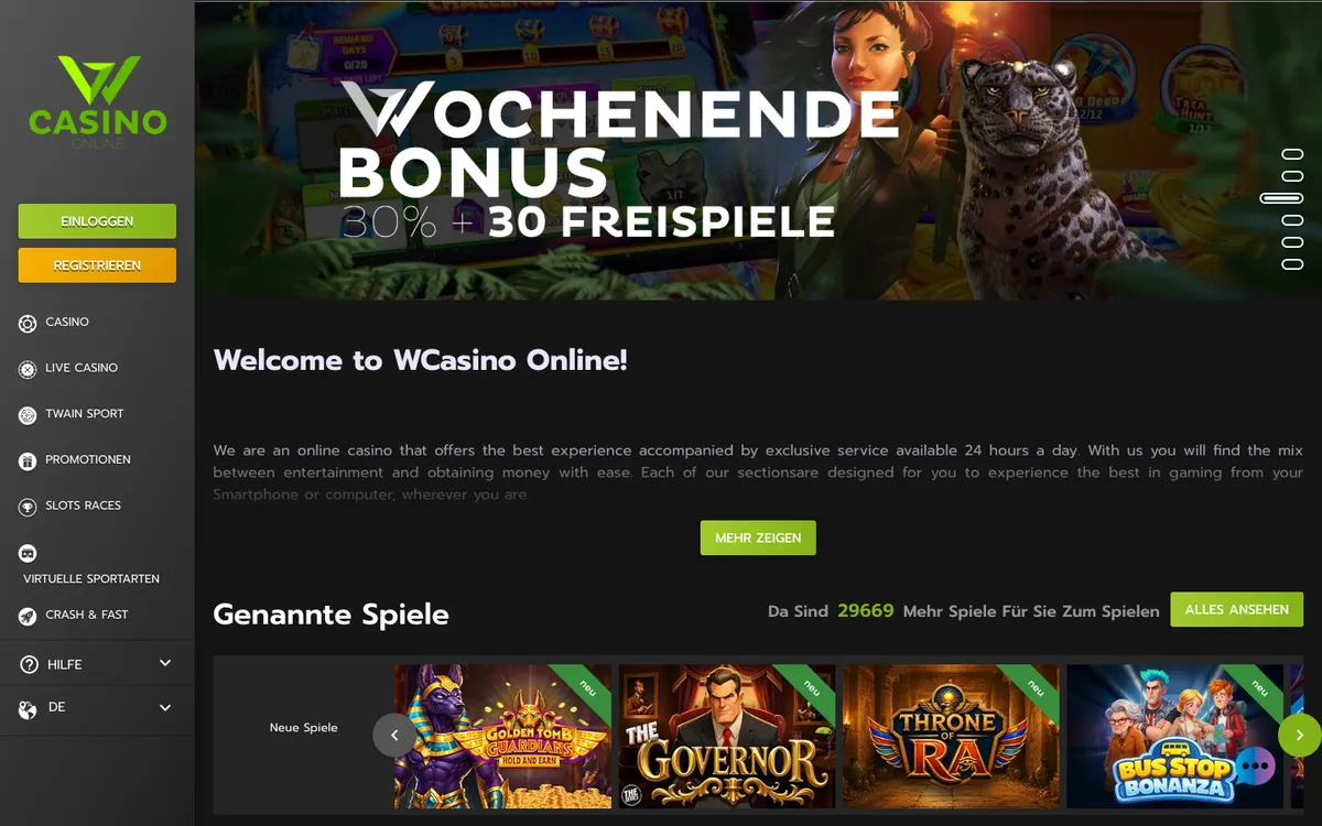 Wcasino Online — Home page, captured from Germany