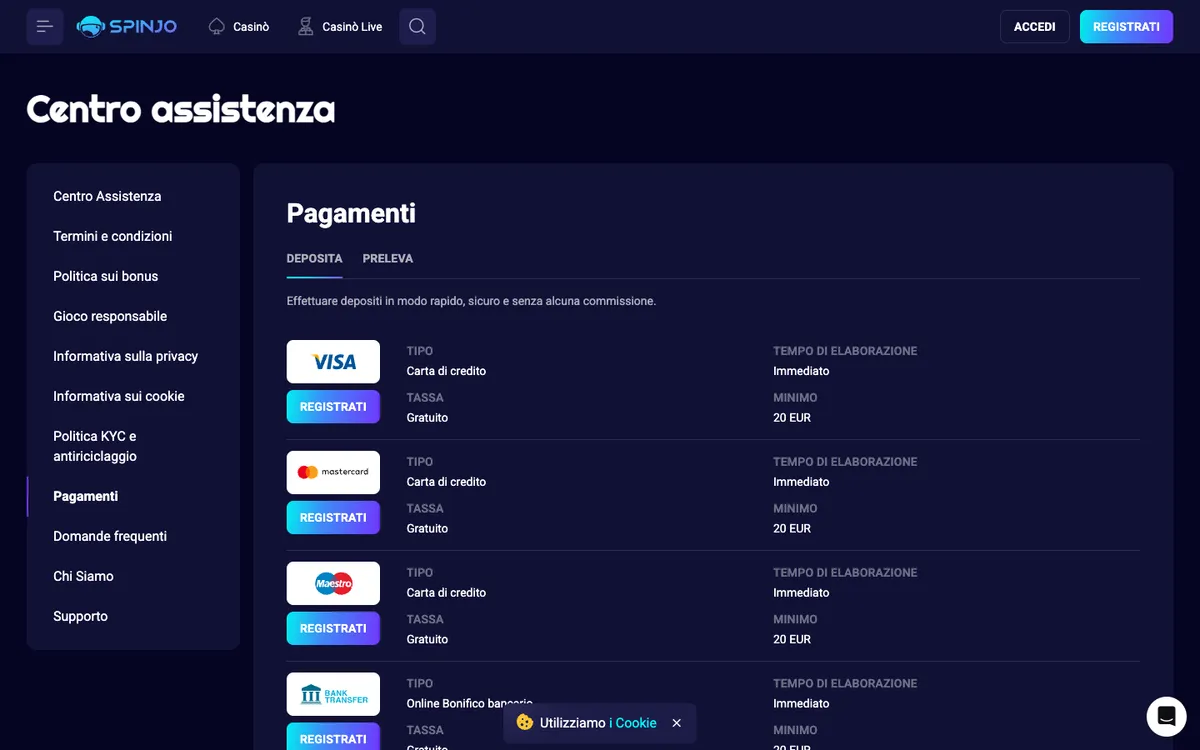 Spinjo Casino — Payments, captured from Italy