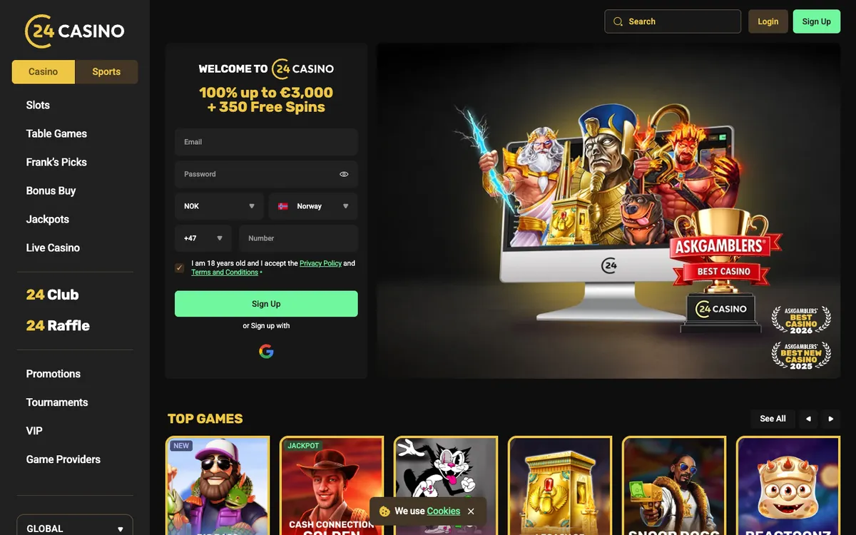 24Casino — Home page, captured from Norway