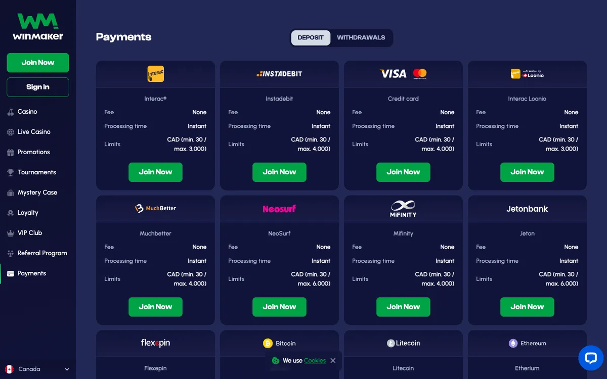 Winmaker Casino — Payments, captured from Canada
