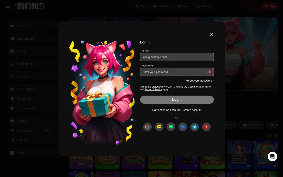 Bons Casino — Sign-up, captured from Indonesia