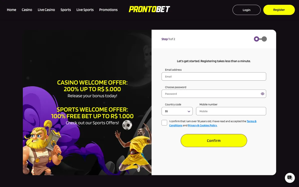 ProntoBet Casino — «Регистрация», снято из страны Германия