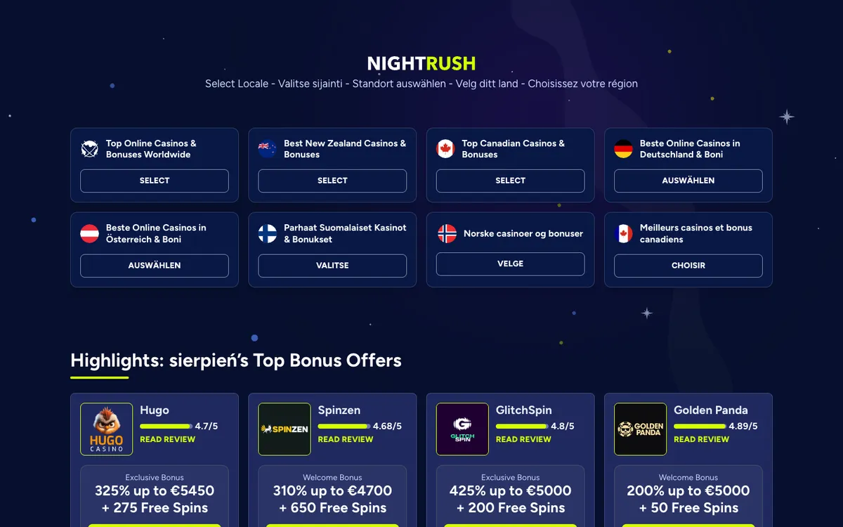 NightRush Casino — Home page, captured from Poland