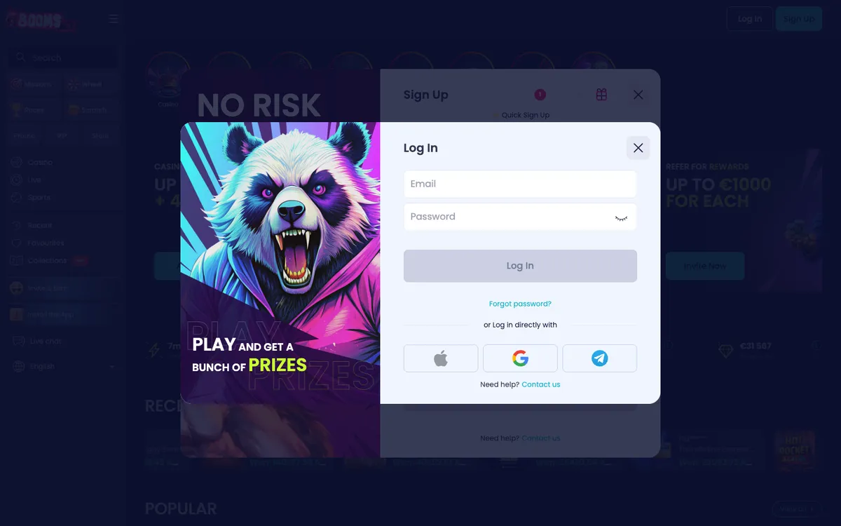 BoomsBet Casino — Sign-up, captured from Australia