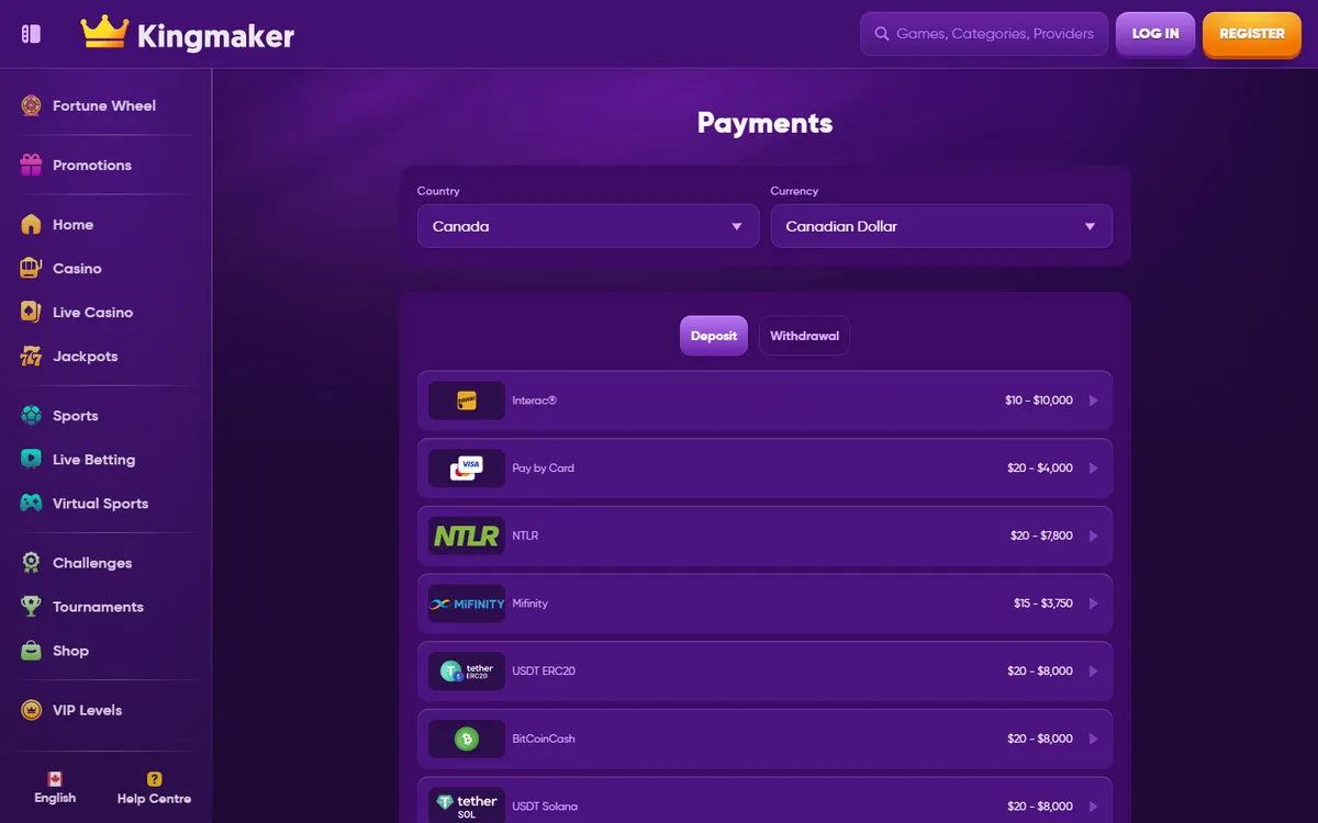 Kingmaker Casino — Payments, captured from Canada