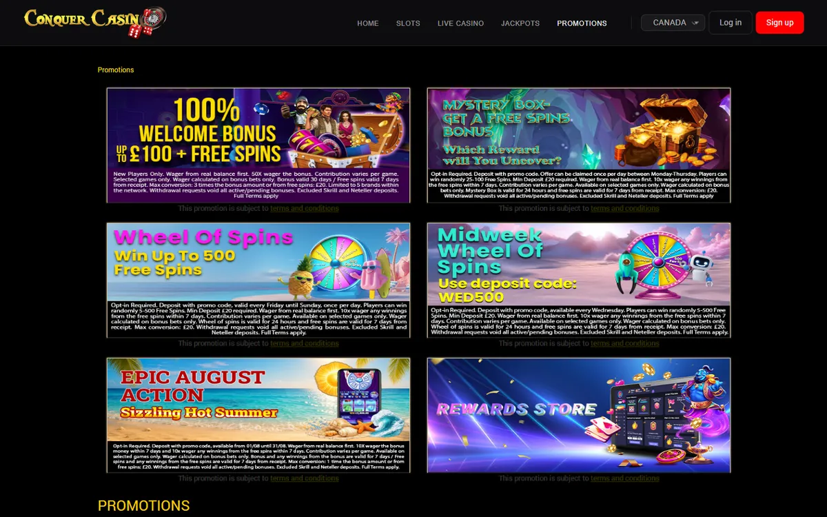 Conquer Casino — «Акции», снято из страны Канада