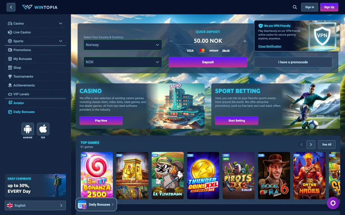 Wintopia Casino — «Главная», снято из страны Норвегия
