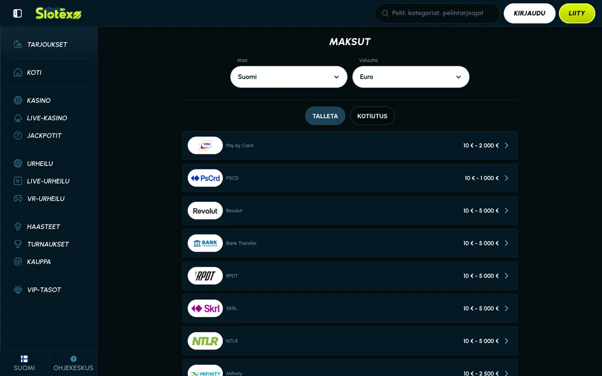Slotexo Casino — Payments, captured from Finland