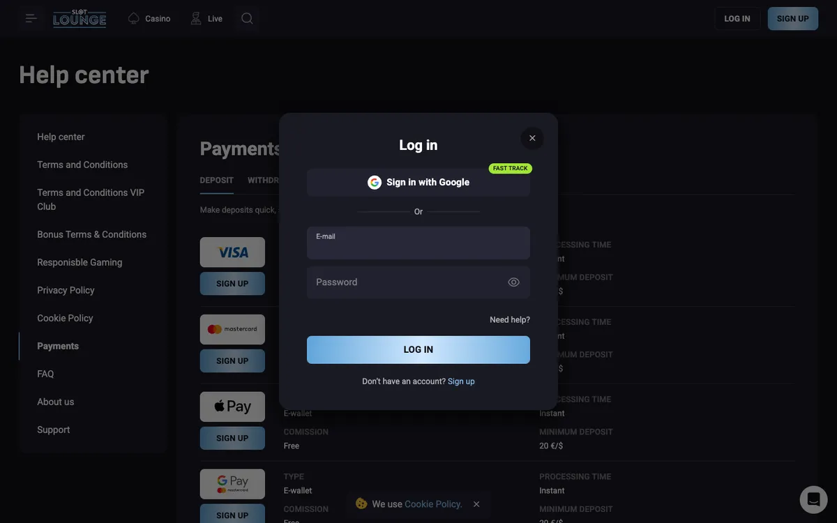 SlotLounge Casino — Sign-up, captured from Canada