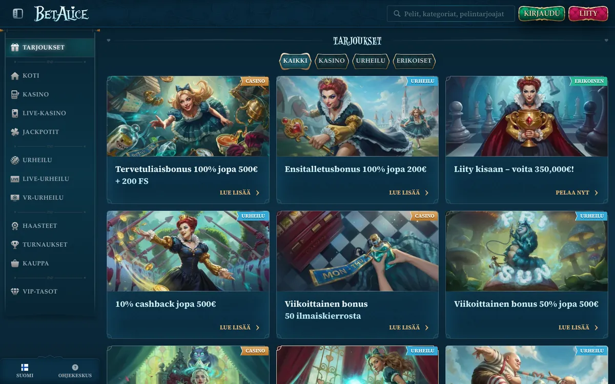 BetAlice Casino — «Акции», снято из страны Финляндия