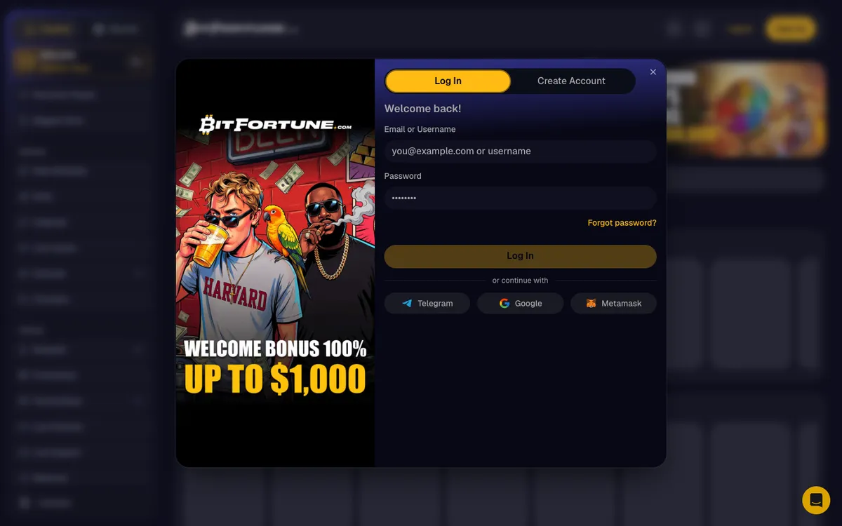 BitFortune Casino — Sign-up, captured from Japan