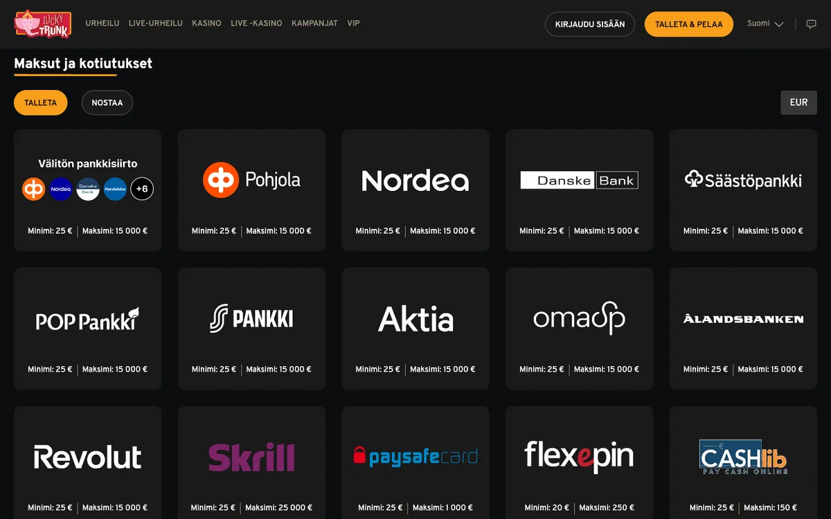 Lucky Trunk Casino — Payments, captured from Finland