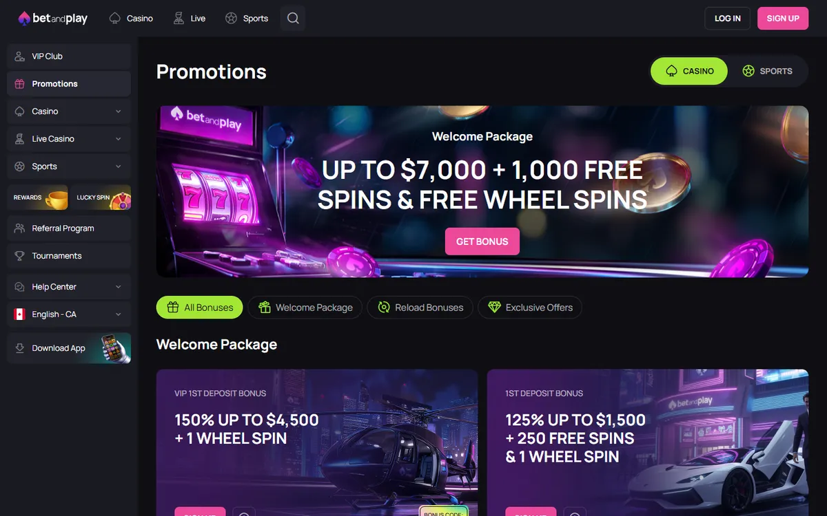 Betandplay Casino — Promotions, captured from Canada