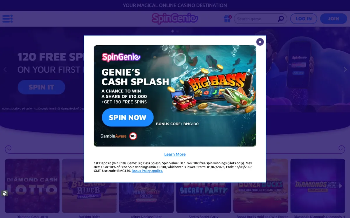 Spin Genie Casino — Home page, captured from South Africa