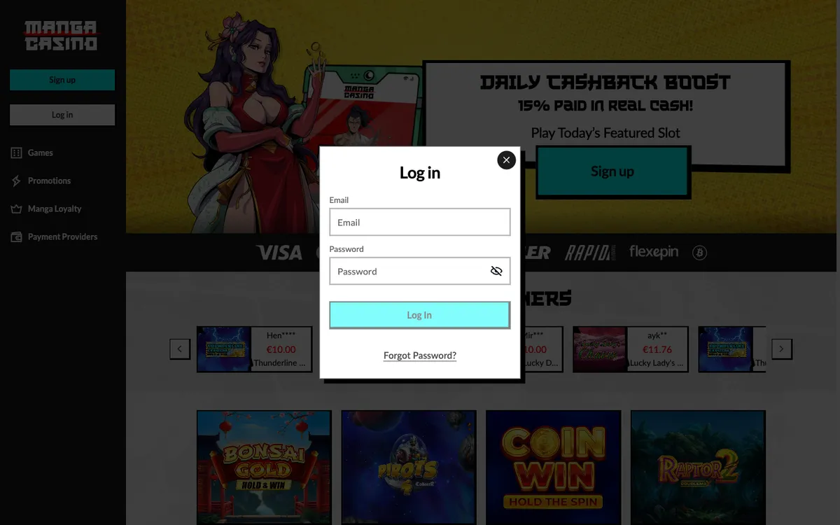 Manga Casino — Sign-up, captured from Finland