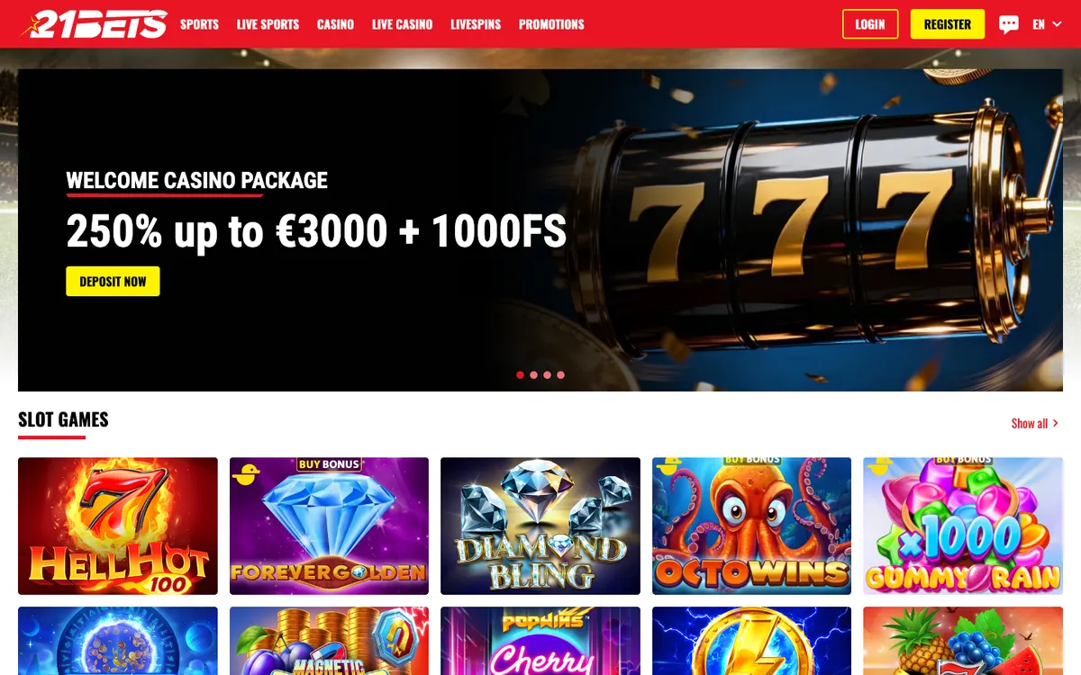 21bets.io Casino — Home page, captured from Austria