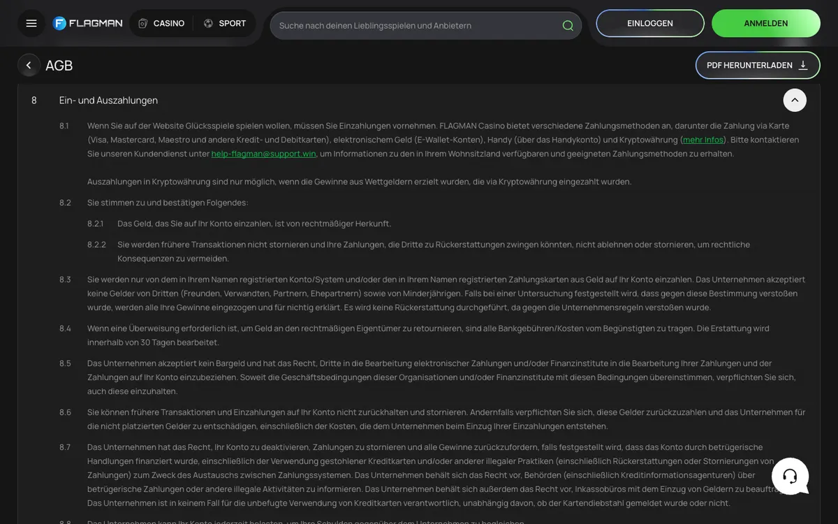 Flagman Casino — Payments, captured from Austria