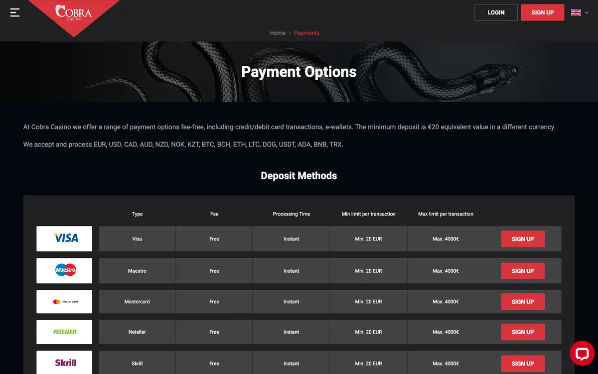 Cobra Casino — «Платежи», снято из страны Испания