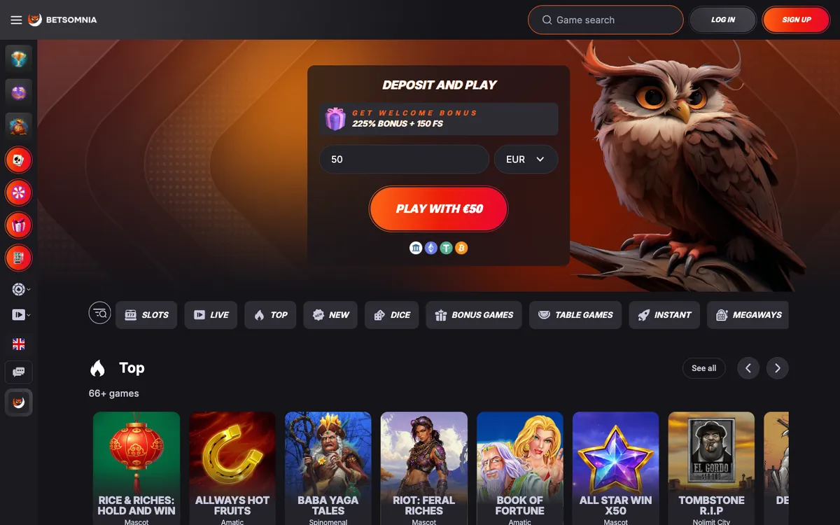 Betsomnia Casino — Home page, captured from New Zealand